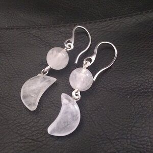 Bold & Modern Style! Genuine Crystal Quartz Moon Statement Dangle Earrings